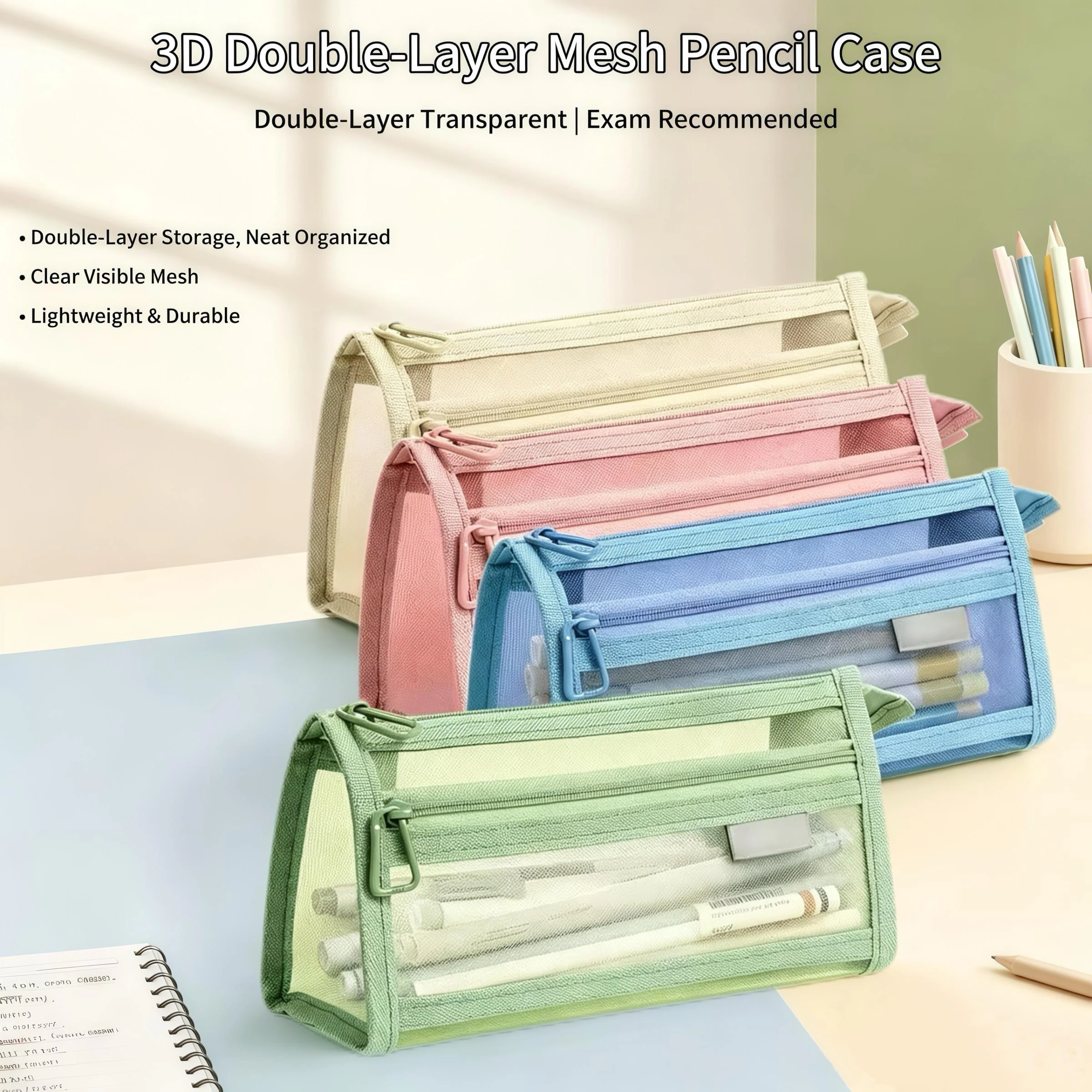 Desk Storage Morandi Grid Mesh Pencil Case with Handle and Zipper Clear Double-layer Pencil Pouch Marker Pouch,Travel Makeup Bag