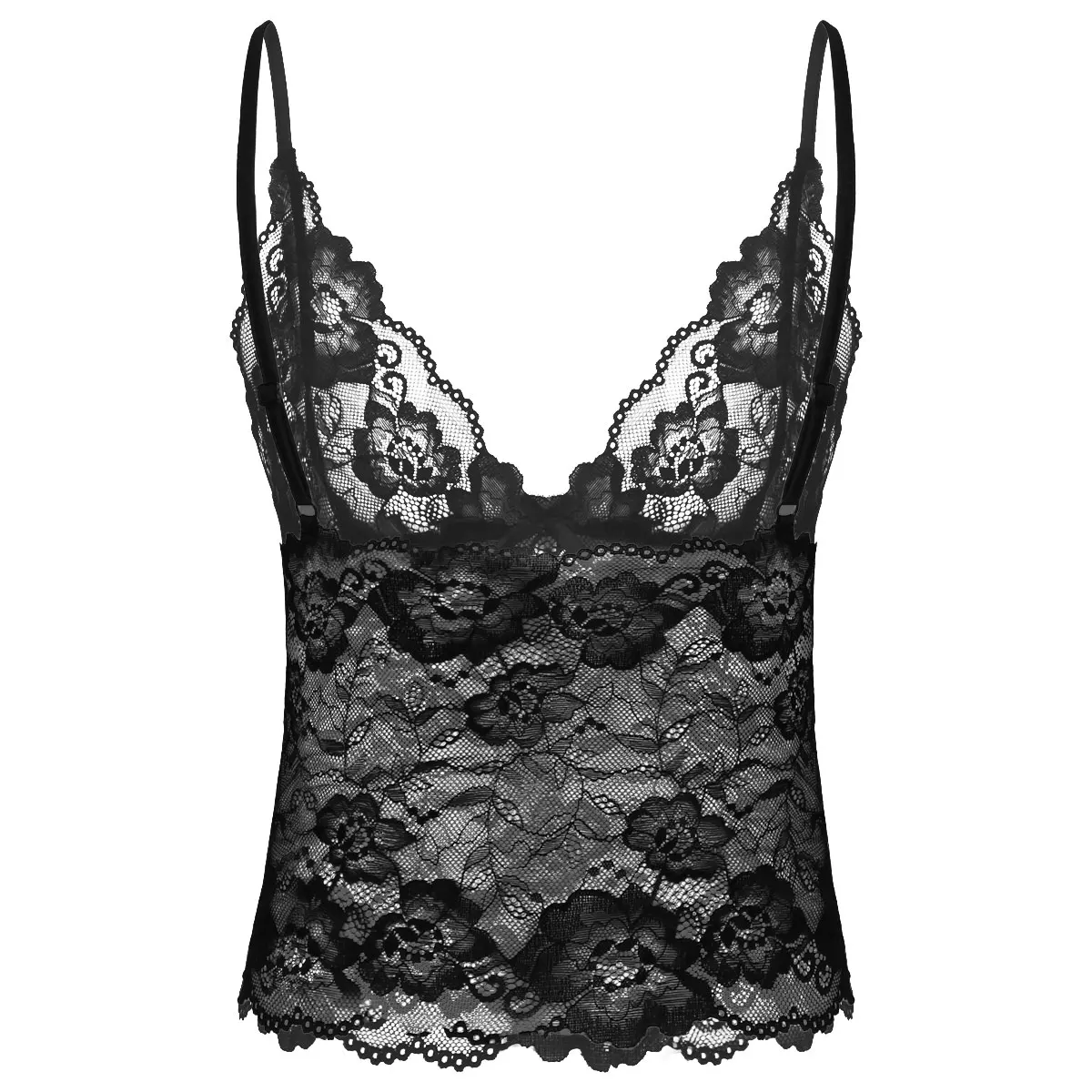 Mens Sissy Crossdresser Crop Top See Through Sheer Lace Lingerie Adjustable Spaghetti Shoulder Straps Deep V Neck Camisole Vest