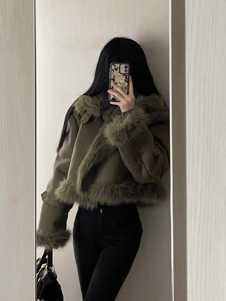 Jacket Women\'s Stitching Short Leather and Fur Suede Thickened Green Lapel Long Sleeve Loose Autumn Winter High-Grade Clothing