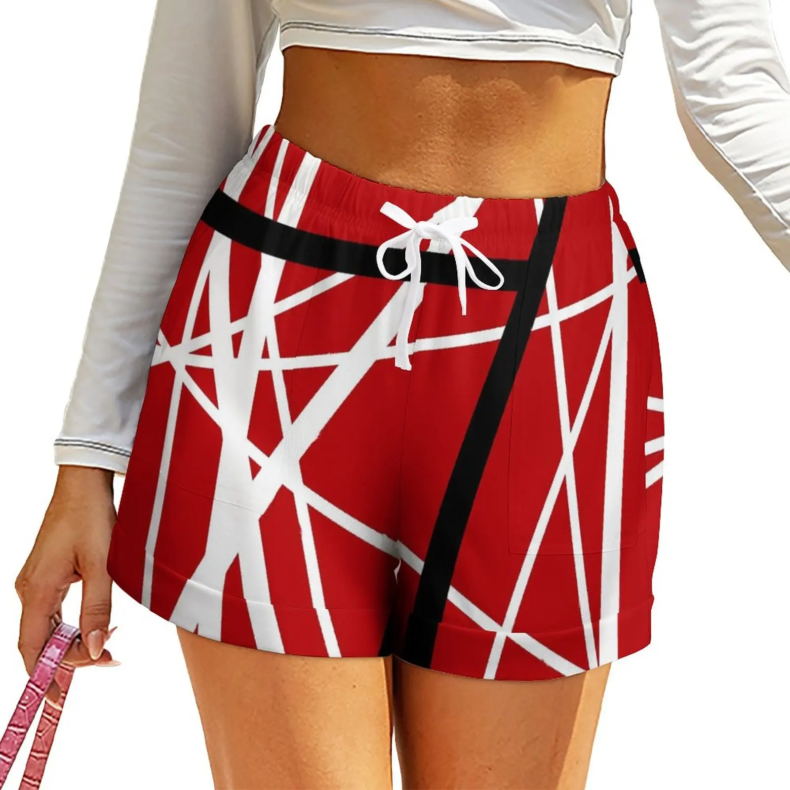 

Van Halen Shorts Womens Lines Print Street Style Design Shorts Elastic High Waist Oversized Short Pants Sport Bottoms