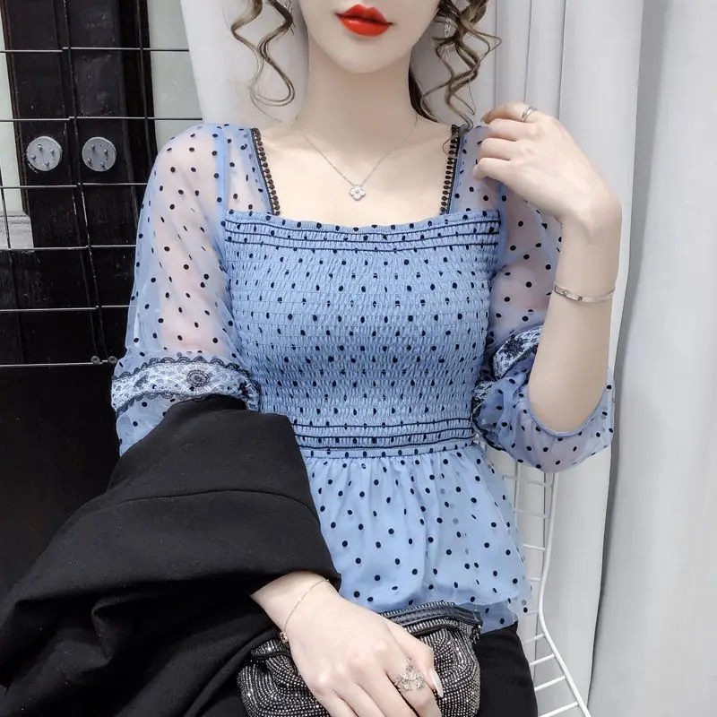 Women Korean Fashion Polka Dot Print Ruffle Blouse Sexy See Through Mesh Lace Patchwork Shirt Square Collar Half Sleeve Slim Top