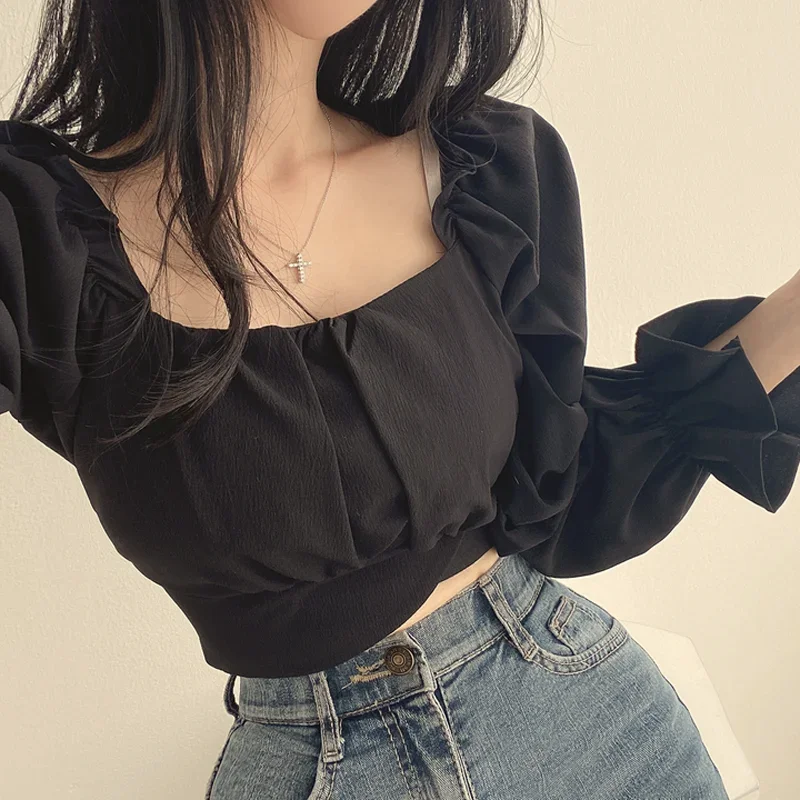 Y2k Womens Waist Tops 2024 Blusas Mujer De Moda Square Collar Bandage Slim Blouses Korean Elegant White Puff Sleeve Shirt