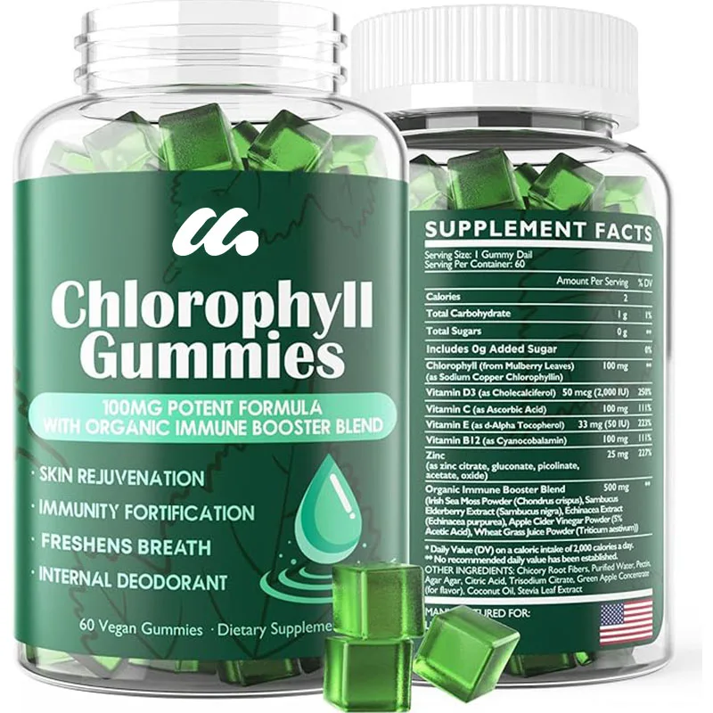 

Sugar free chlorophyll gummies - containing unfiltered ACV, seaweed and elderberry, echinacea, vitamins D3, C, E, B12