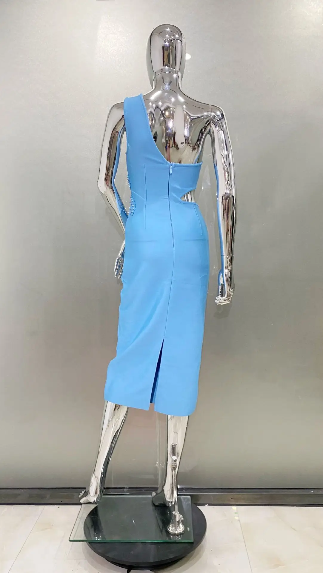 Vestido Bodycon elegante para mujer, traje Sexy de lujo con un hombro recortado, flores, color azul, para fiesta y Club nocturno, 2024