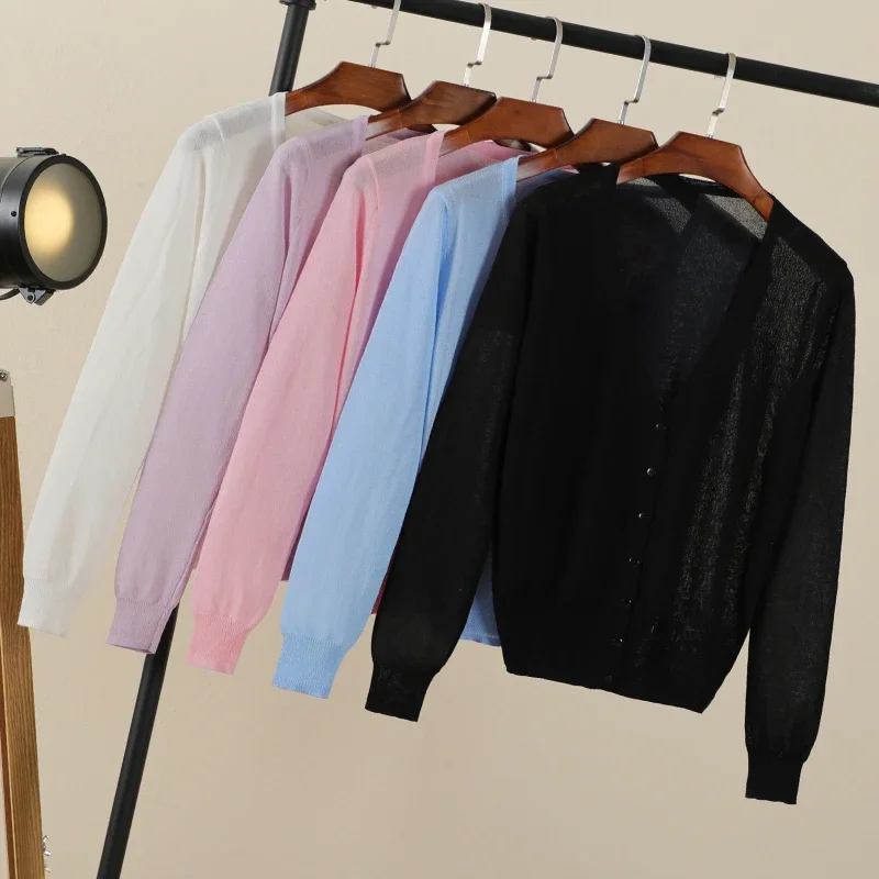 Cardigan de verão feminino recortado estilo coreano moda feminino preto casaco roupas com decote em v senhoras camisola outerwear bonito básico