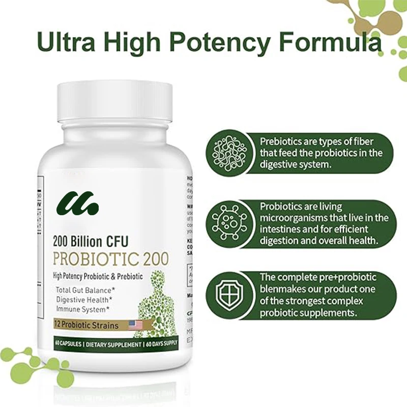 

200billion colony units,12 types of probiotics,used for digestive and immune health,containing organic prebiotics and probiotics