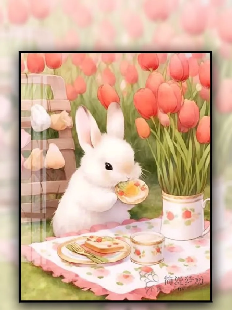 

Современный минималистичный набор для вышивания крестиком «Кролик с тюльпанами», ручная вышивка для гостиной и спальни, новинка 2025 года