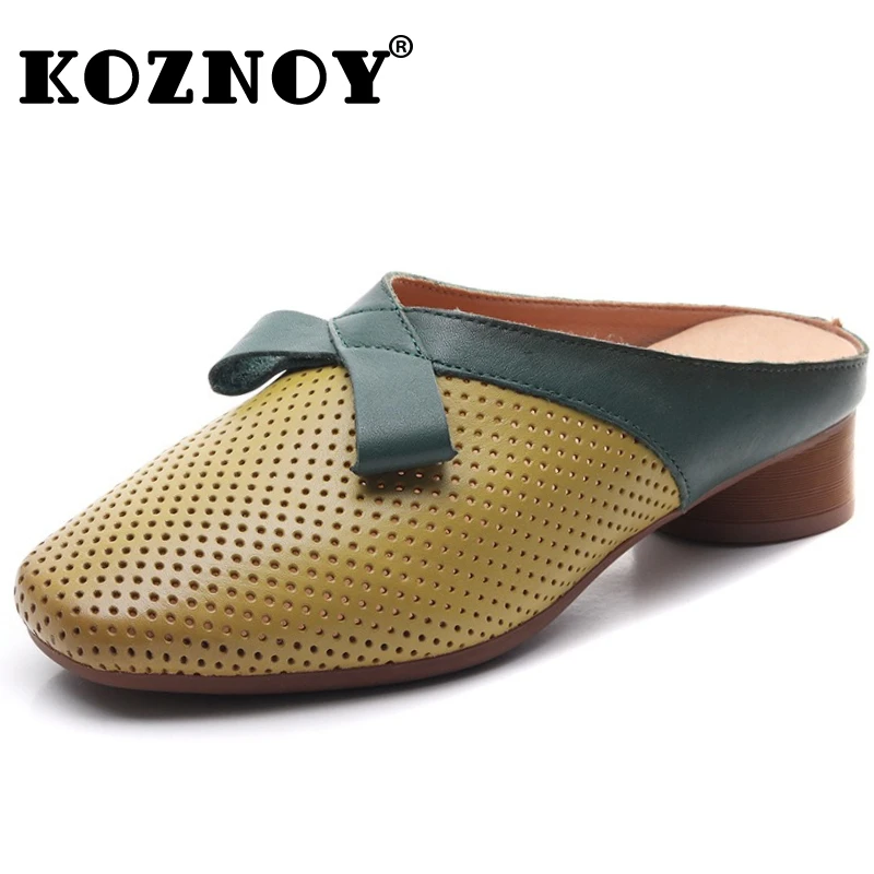 

Koznoy 3cm Cow Genuine Leather Chunky Heels Summer Loafer Rubber Hollow Women Slip on Round Toe Sandals Flats Shoes