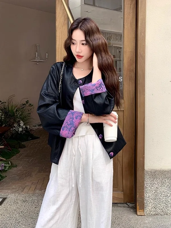 เสื้อคลุมผู้หญิงสไตล์จีนแบบใหม่ สวมใส่ได้สองด้าน ทรงหลวม แฟชั่น ตกแต่งลายปักดอกไม้แบบ Patchwork