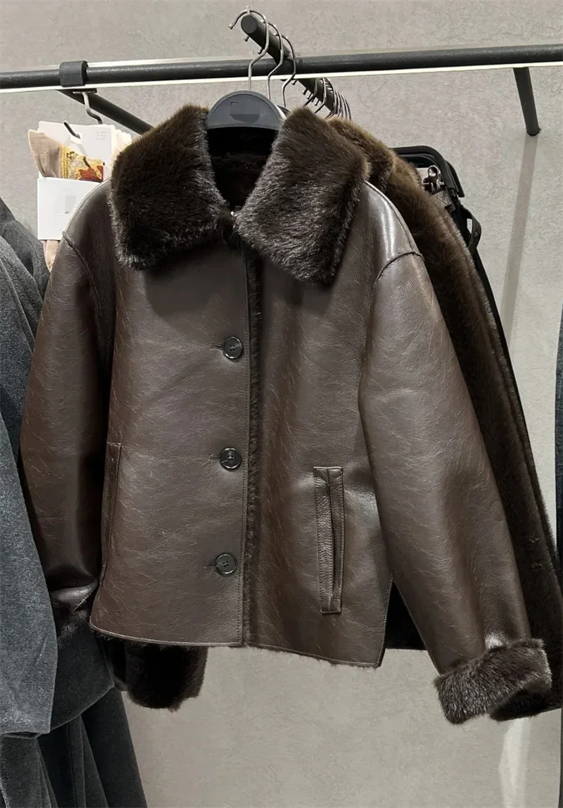 Women's Jacket Autumn/Winter New Arrivals Dark Brown Long-Sleeve Faux Leather Reversible Jacket Stylish and Unique