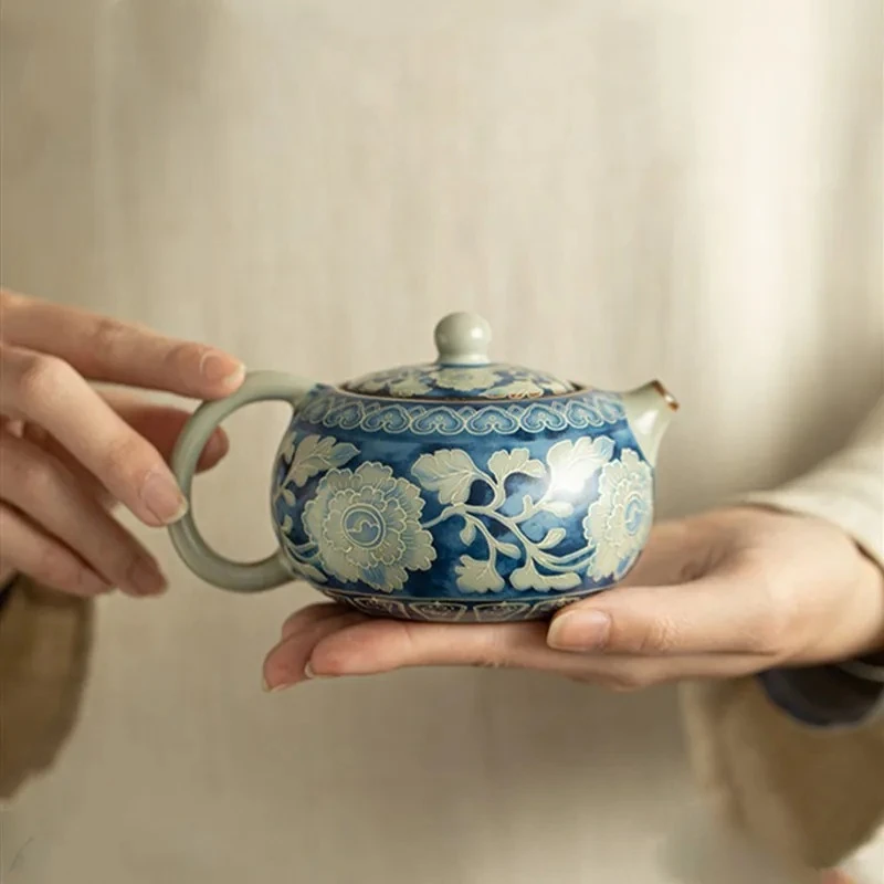 

Китайский традиционный керамический чайник ручной работы из печи Жу, с цветочным узором, в стиле Сиши, для домашнего использования, портативный, 230 мл