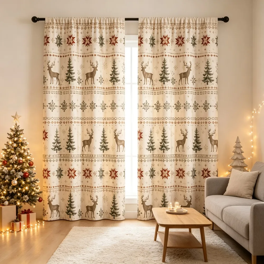 2PCS Christmas Curtains, Reindeer Pine Tree Snowflake Nordic, Digital Print, Bedroom Living Room, Rod Pocket, Home Decor
