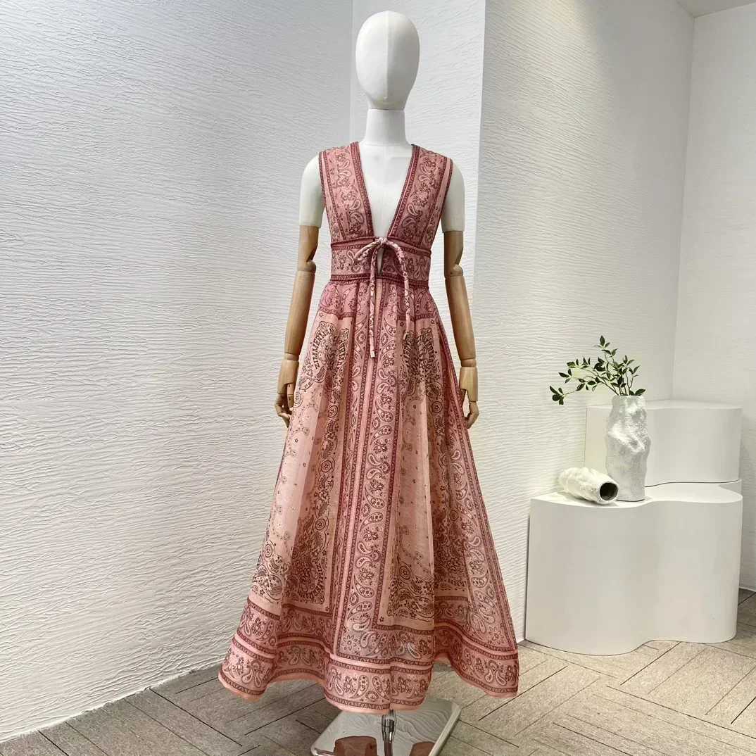 2024 New Collection High Quality Silk Linen Yellow Paisley Print Sleeveless Bow Tie Front Pink Midi Dress for Women