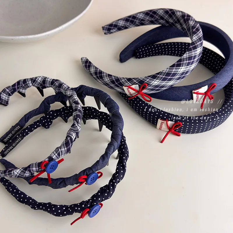 

Headband Plaid Preppy Blue Red Bow Button Non Slip Crown Lifting Comfortable Sponge Hair Band for Women Daily Use