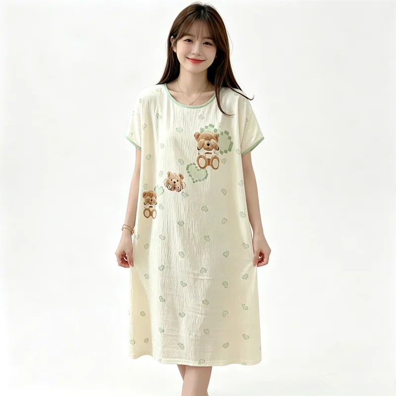 Generous Sleeping Dress Short Sleeve Nightgown Ladies Sleepwear Lounge Cartoon Print Pajamas night-robe bust 114 cm Length 95 cm