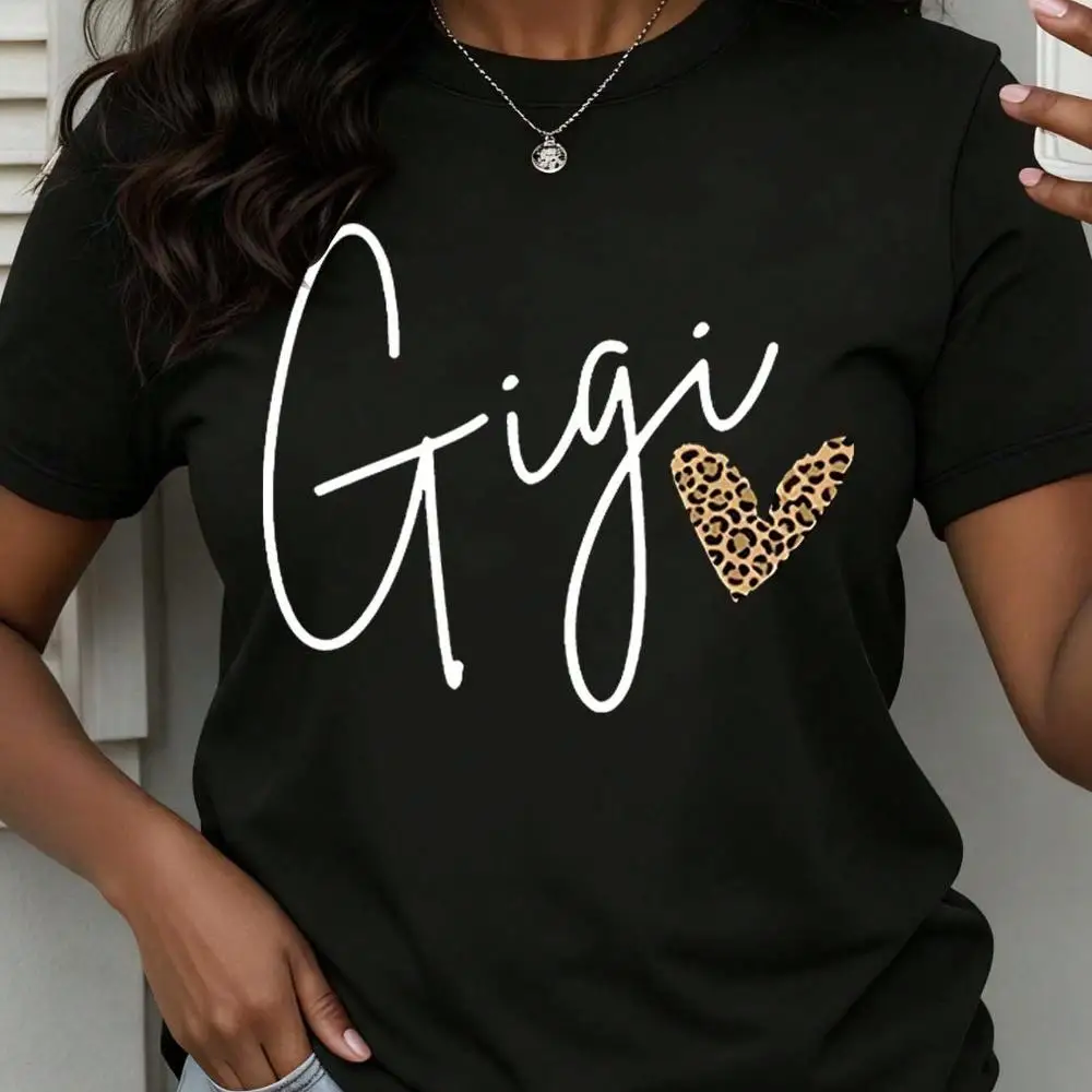 Gigi Leopard Heart Print T-Shirt For Grandmother Family Outings And Casual Wear,Holiday Pattern T-Shirts