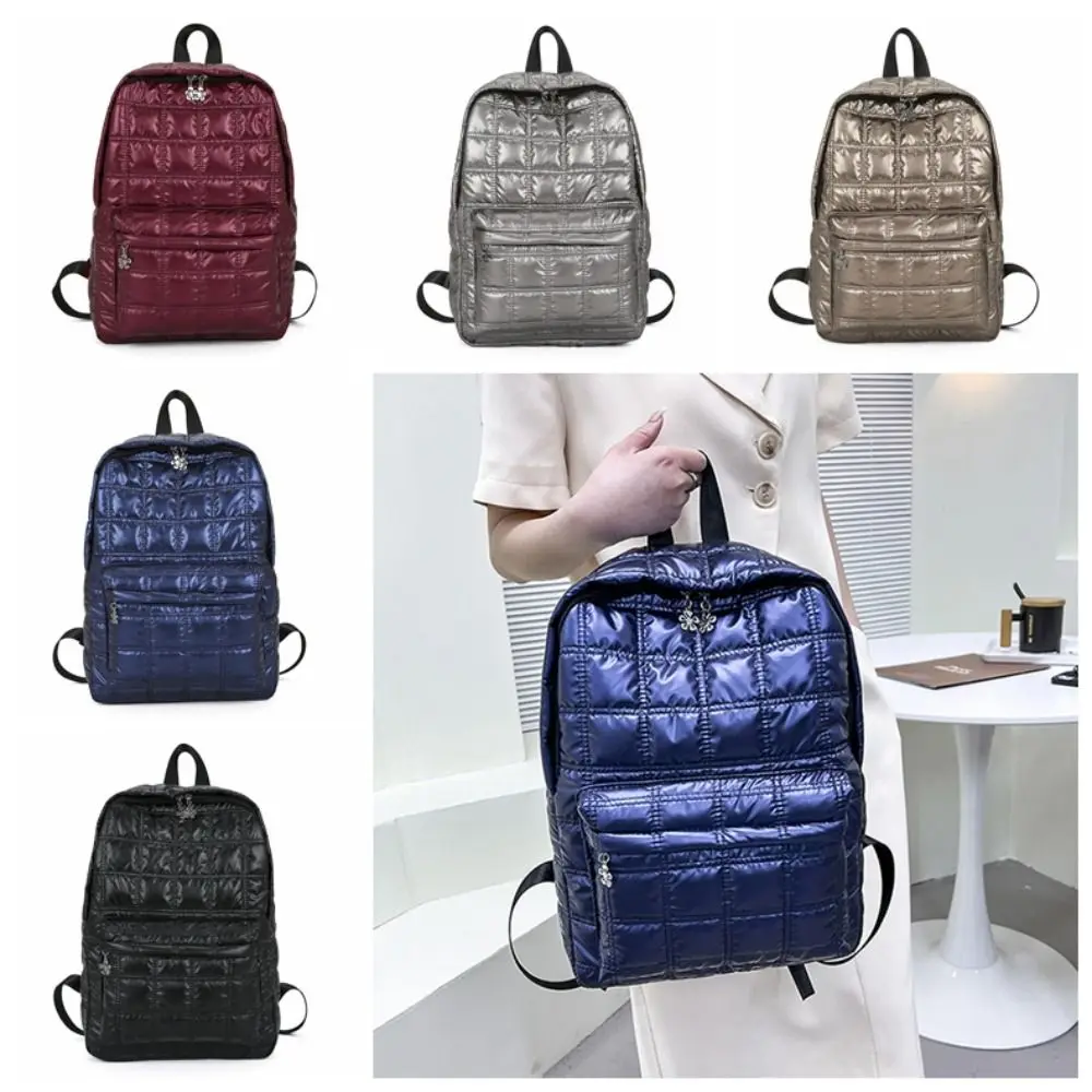 Vintage Solid Color Space Cotton Backpack Nylon Cloud Bubble Shoulder Bag Plaid Knapsack Student Schoolbag Teenagers