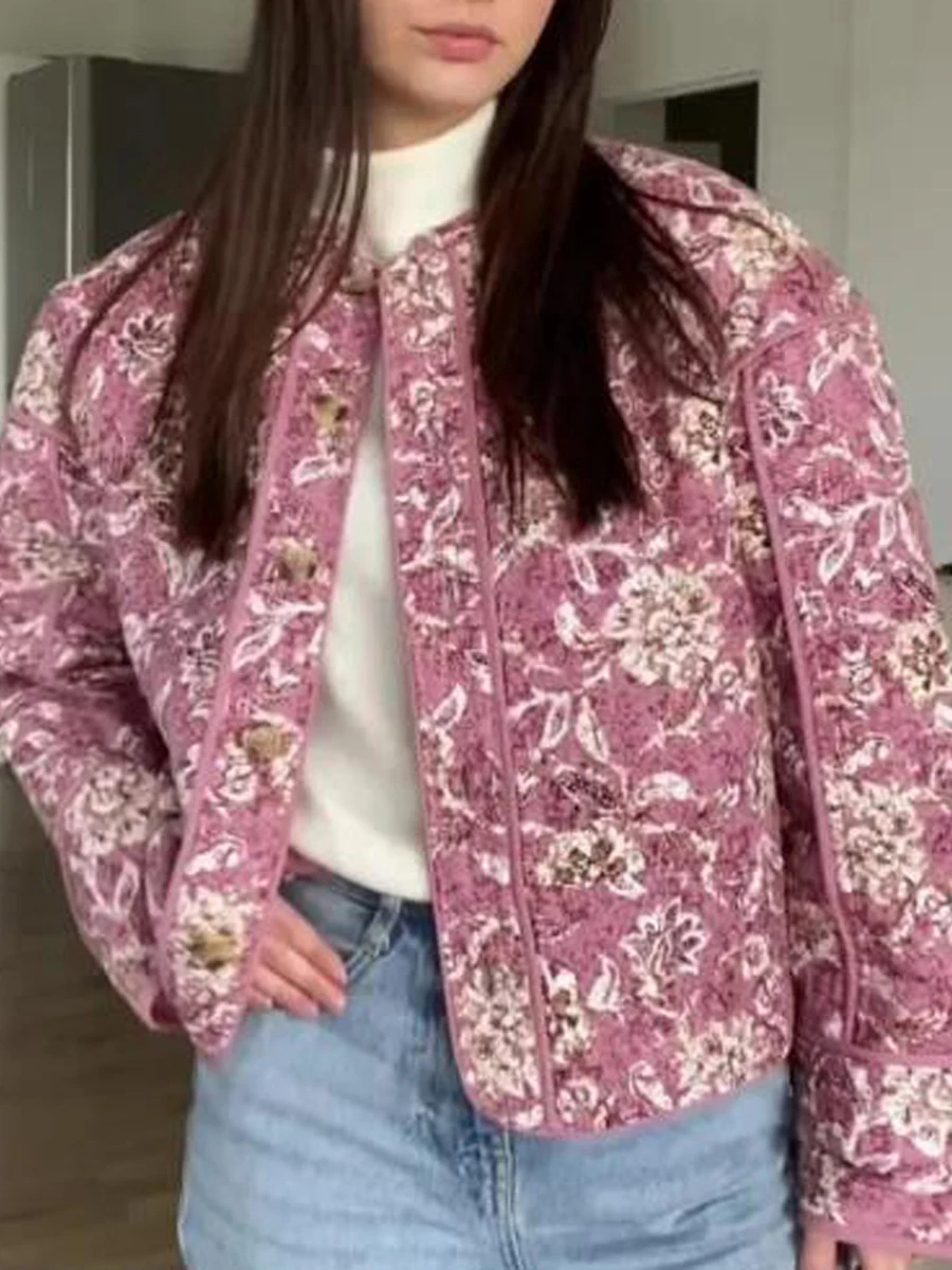 

Women'S Down Jacket Printed Round Neck Long Sleeved Buttoned Cardigan Autumn and Winter Loose Button Pink Floral Cotton Jacket