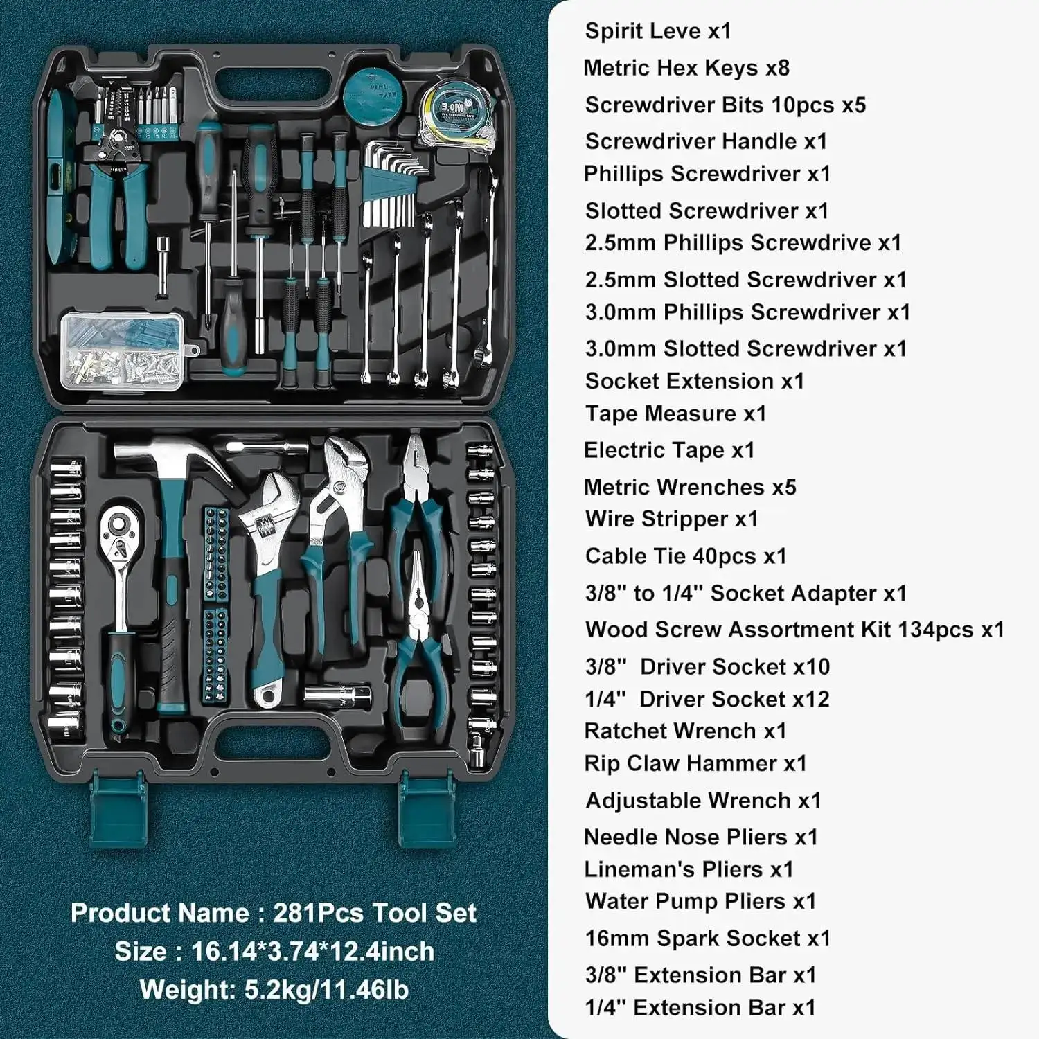 Home Tool Kit 281-PCs - Protable Complete Basic Repair General Hand Tool Sets for Men Women - Full Tool Set with Socket