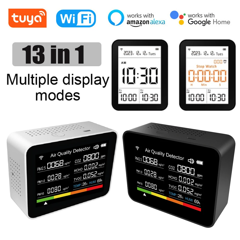 13 in 1 Tuya WIFI Air Quality Detector CO2/TVOC/HCHO/PM2.5/PM1.0/PM10/Temperature/Humidity/Time/Date/Alarm/Timer/Stopwatch Meter