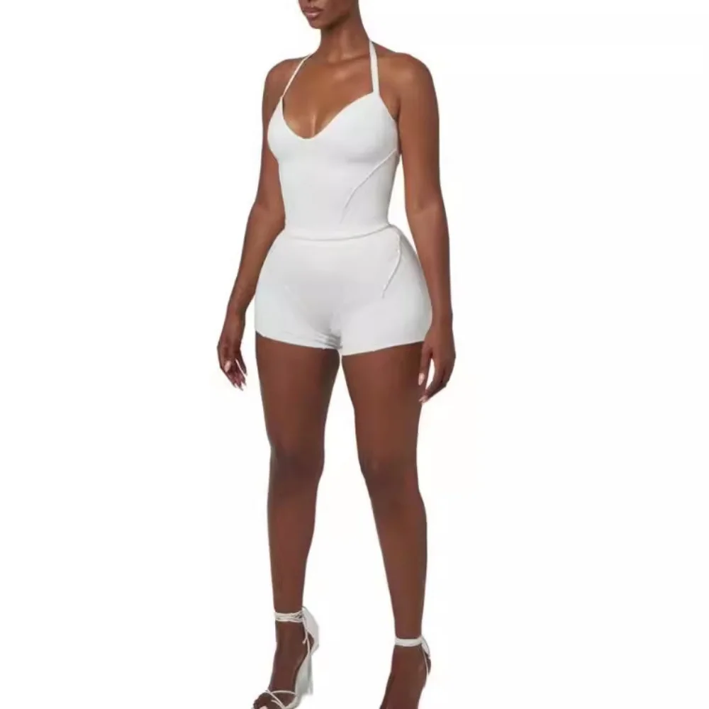 BKLD Women Clothing 2024 Summer New Fashion White Rompers Sexy Night Club Outfits Open Back Solid Color Spaghetti Strap Rompers