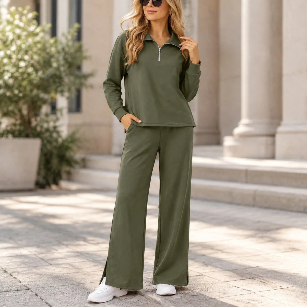 Wide Leg Casual Set Elegant with Long Sleeve Spring Regular Sleeve European and American Style Split Side Patchwork Set Women