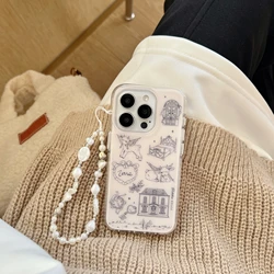Korean INS Matte Double Layer Goat & House Sketch Wrist Chain Phone Case for iPhone 16 15 14 13 Pro Max Back Phone Cover Capa