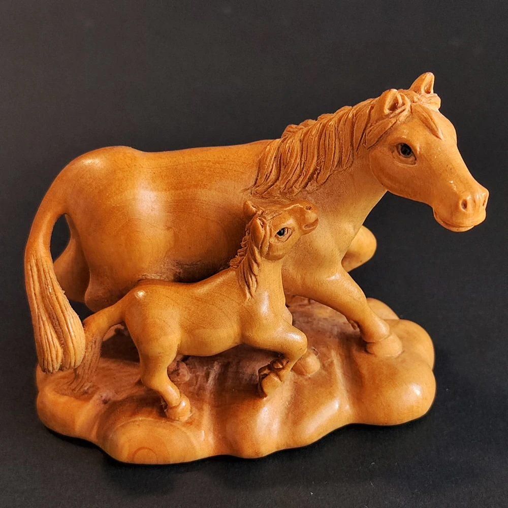 

F050 - 30 Years OLD 3" Hand Carved Boxwood Netsuke - Horse Mom and Baby Horse