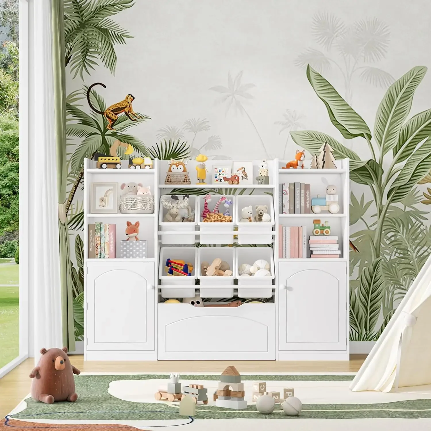 [سعر مخفض، حار بيع! منظم تخزين الألعاب مقاس 55 بوصة، رف كتب للأطفال 5 في 1 مع درج متحرك وأرفف كتب خلف المهام