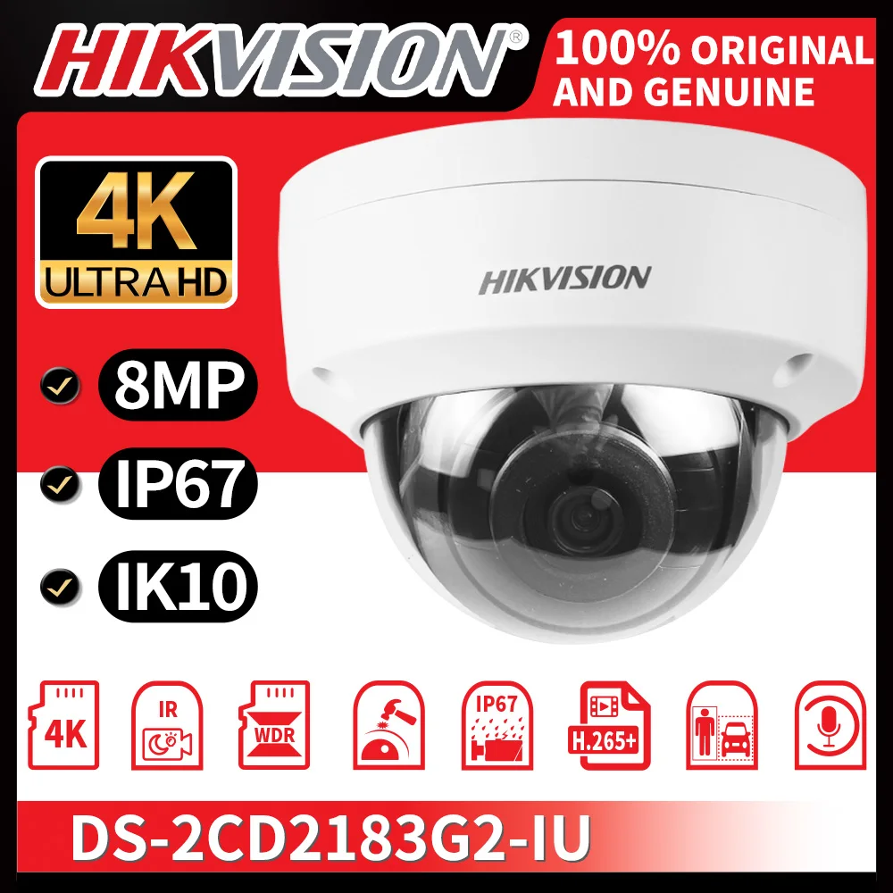 Hikvision 8MP AcuSense Vandal Dome Network Camera DS-2CD2183G2-IU 4K Human Detection Security CCTV Built-in Microphone PoE IK10