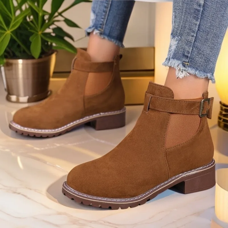 

Women Boots 2025Retro Suede Round head Thick With Belt Buckle Boots EuropeAmerica Wind Casual High heel Ankle Boots Botas Mujer