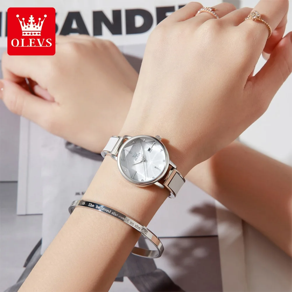ساعات OLEVS النسائية كاجوال عصرية مريحة بحزام جلدي أصلي كوارتز ساعة يد مقاومة للماء وتاريخ مضيء مقاومة للماء #4