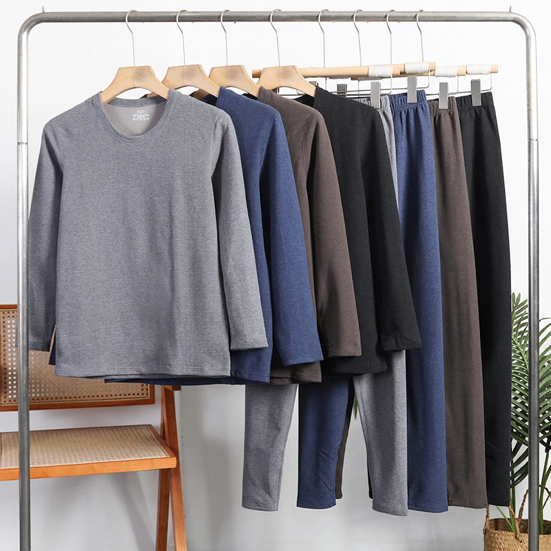 Graphene Heating Long Sleeve round Neck Fleece Lined Trousers Underwear Set Men's Thermal Clothing Breathable Polyester Fiber