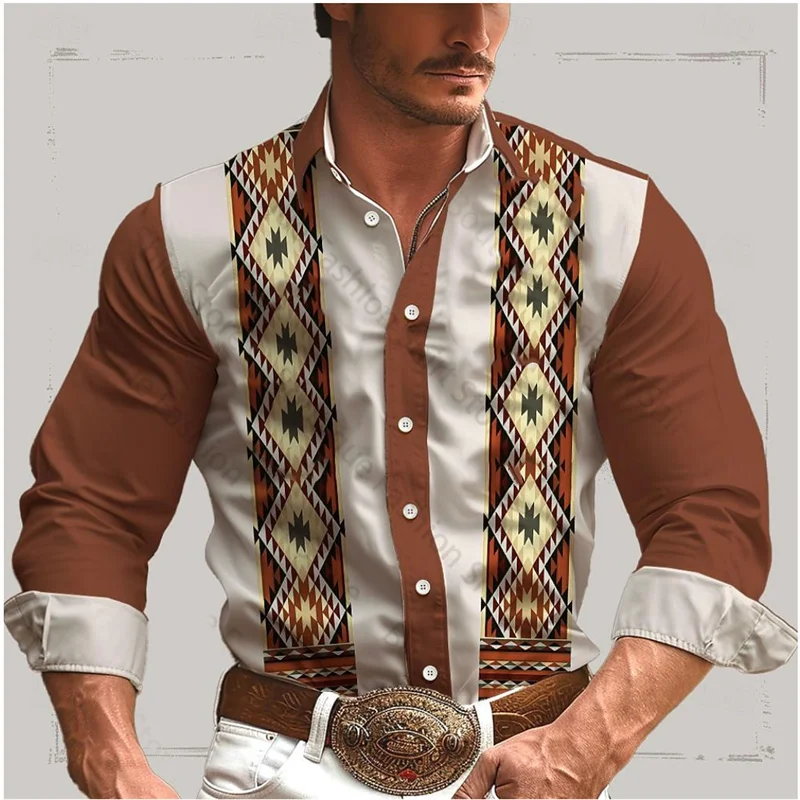 

Geometric Retro Western Men's Shirt Outdoor Street Casual Daily Spring and Summer Lapel Long Sleeve XS-6XL Stretch Fabric Shirt