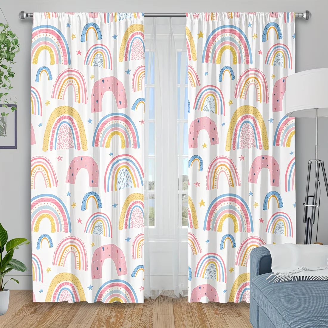 

2Pcs Curtain Cartoon Pink Rainbow Bridge Print Window Drapes for Bedroom Living Room Decoration Window Treatment.
