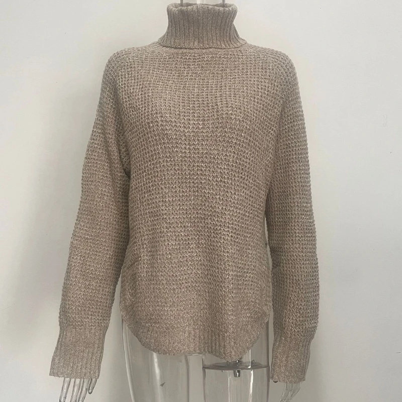 2025 Autunno e Inverno Moda Nuove donne Elegante maglione diviso lavorato a maglia Spessore allentato Collo alto Caldo retro Felpa con cappuccio in lana