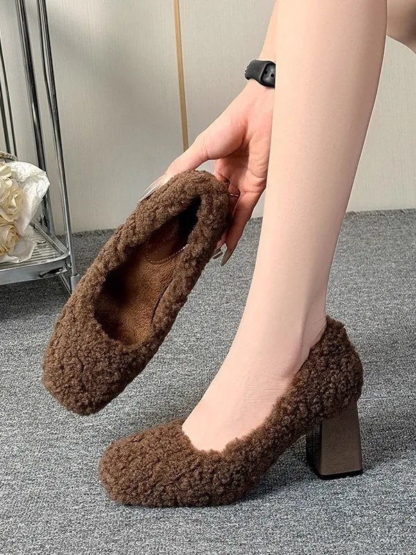 

Lamb Fur High Heels Women's Winter Outdoor Wear Versatile Fce Lined Bean oes Thi Heel 7cm Comfortable All Day Wear