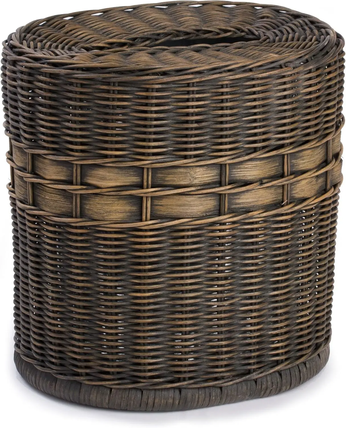 Drop-in Oval Wicker Waste Basket with Removable Metal Liner, Antique Walnut Brown, 12