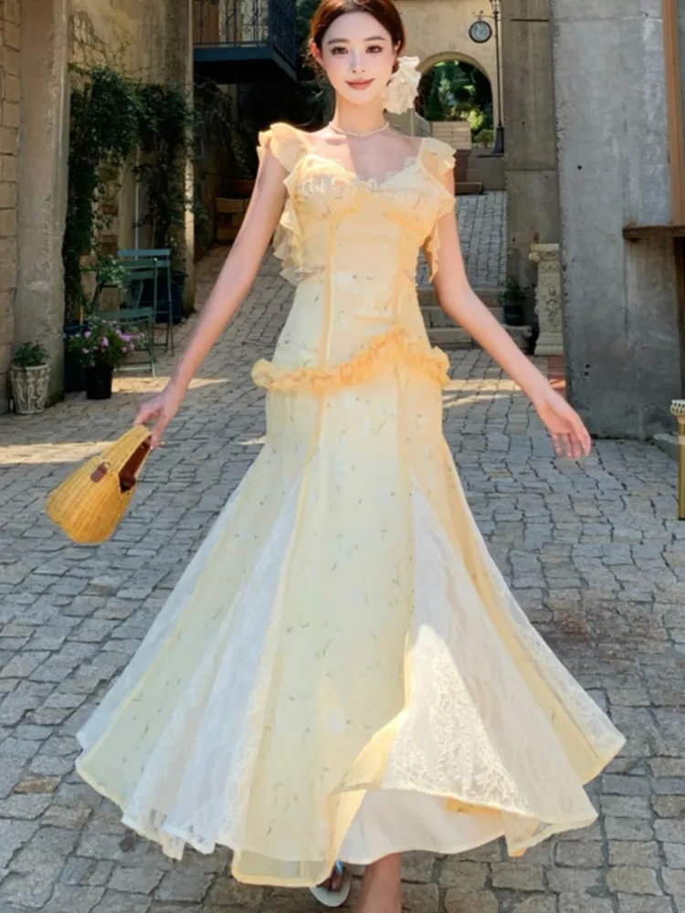 

Women Sweet Ruffles Long Dresses Ladies Floral Print Sleeveless Sexy Backless Slim Mermaid Dress Elegant Evening Party Vestidos