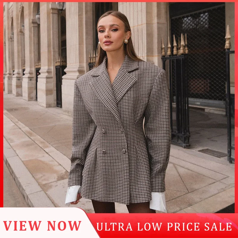 Elegant Waist Up Plaid Printed Women's Suit Jacket Chic Lapel Collar Double Breasted Slim Commute Coat Female Vintage Streetwear