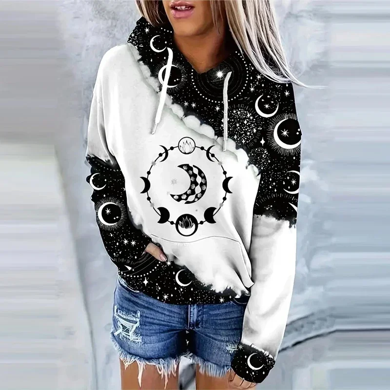 Plus Size Moon Print Drawstring Hoodie Casual Long Sleeve Hooded Sweatshirt Women's Clothing