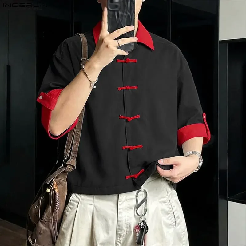 

INCERUN Men's Shirt Patchwork Lapel Half Sleeve Button Men Clothes Vintage Summer Streetwear 2026 Casual Tops Shirts For Man