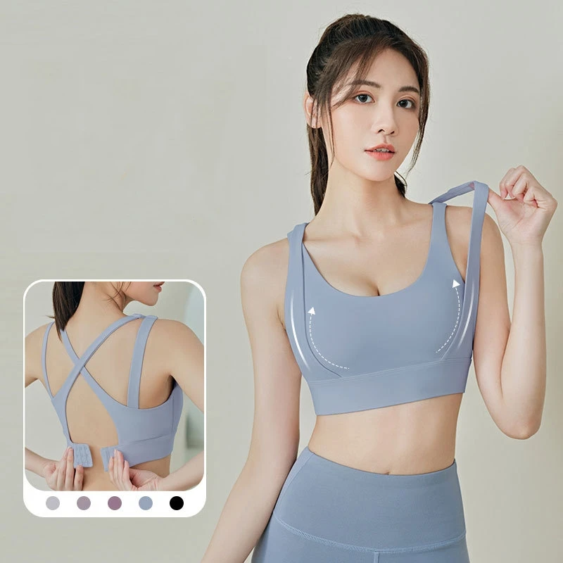 Peach fixed double straps sports bra double layer gathered to show chest large high-strength shockproof fitness underwear women