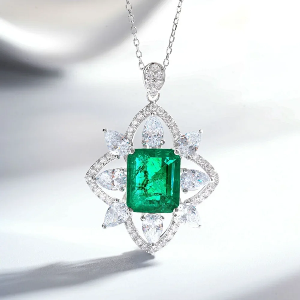 PT950 platinum necklace for women, Emerald Cut cracked pendant with full diamonds and zirconium bone chain