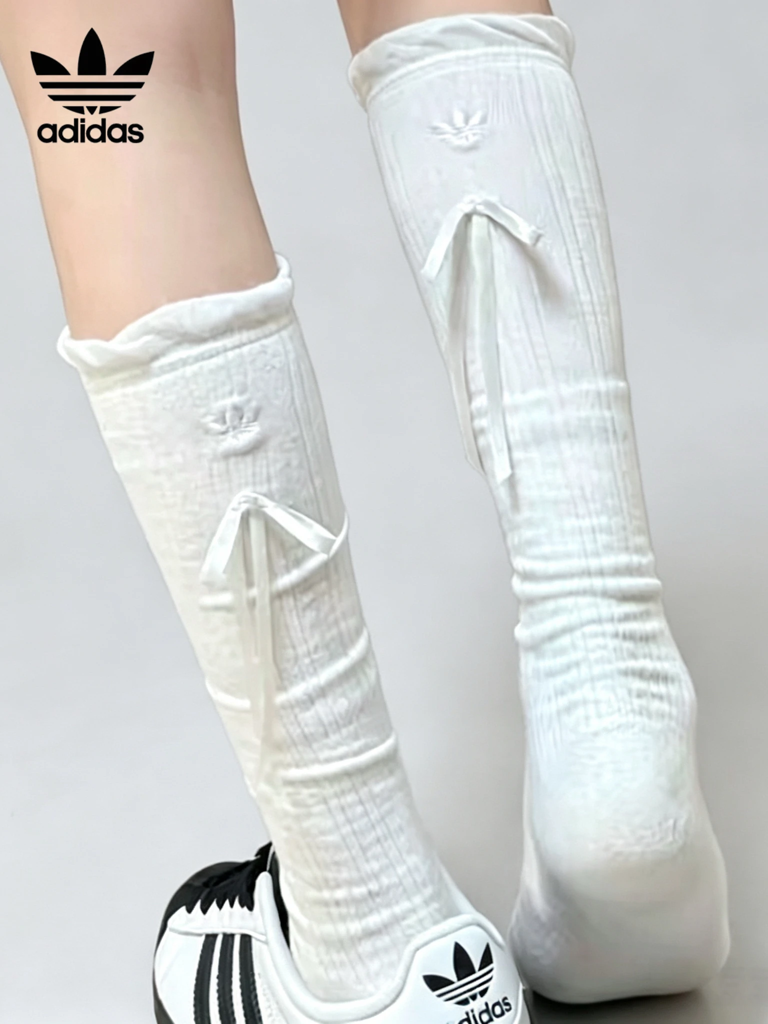 

Adidas Women Knee High Socks Ruffle Cuff Bow Ribbed Stackable Calf Socks Sweet Y2K Casual Sports Long Socks 1 Pair KC1413