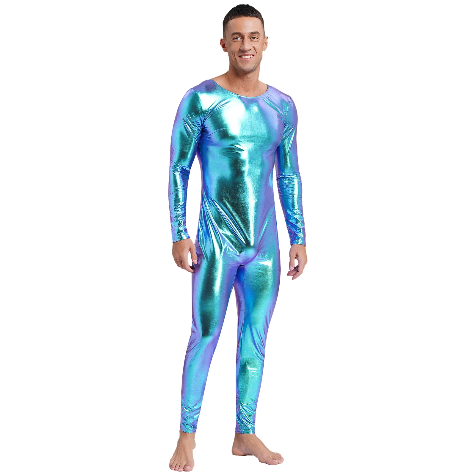 Masculino metálico brilhante unitard ballet dancewear em torno do pescoço manga longa fino ajuste corpo inteiro bodysuit macacão trajes de uma peça