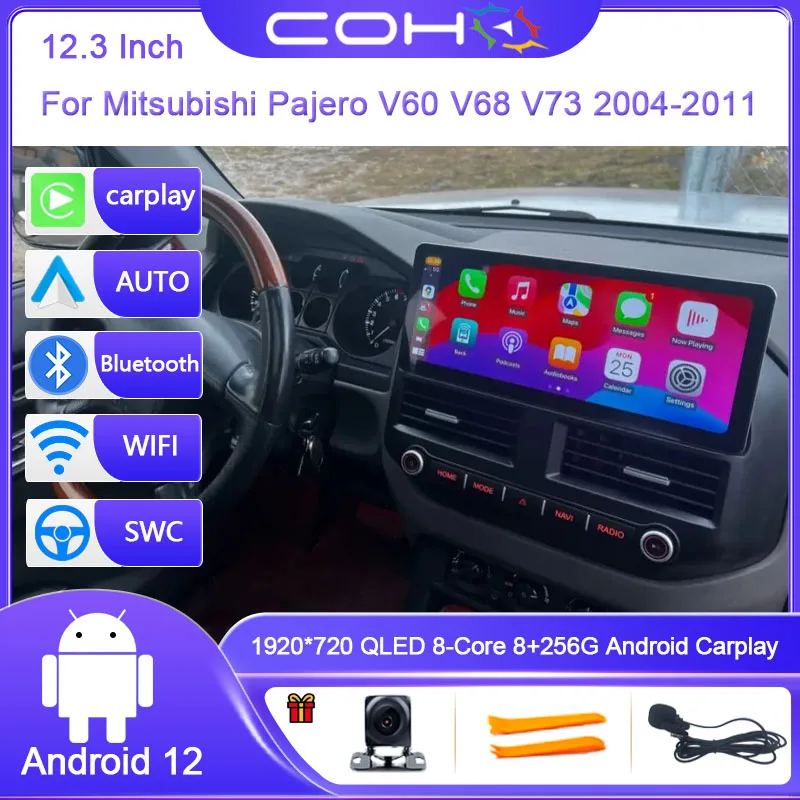 12.3 Inch For Mitsubishi Pajero V60 V68 V73 2004-2011 Android 12.0 Octa Core 8G+256G Car Multimedia Player Stereo Receiver Radio