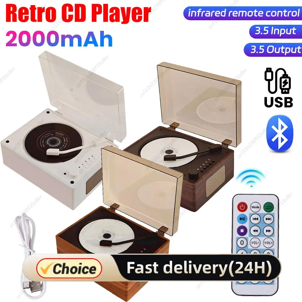 Retro cd player recarregável suporte cd bt usb 3.5mm aux casa leitor de música bluetooth-compatível 5.0 desktop cd player decoração de casa