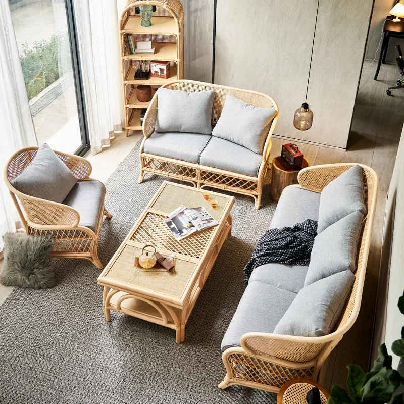 Rattan sofa home Southeast Asian living room recliner rural balcony table three rattan chair combination home furniture