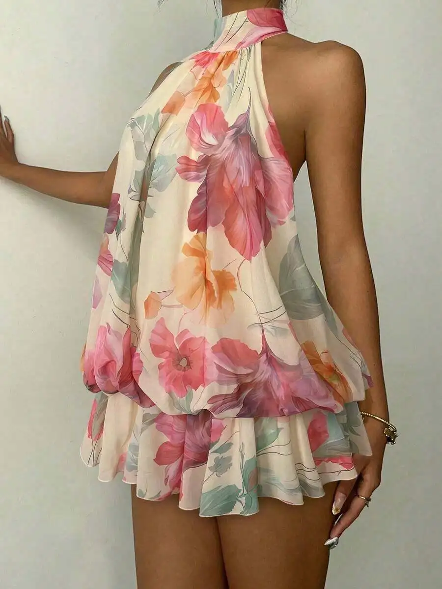 

Womens Floral Halter Backless Mini Dress Summer Vacation Asymmetrical Sleeveless A-Line
